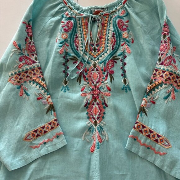 Johnny Was Embroidered Linen Turquoise Tunic Size XL - Picture 2 of 5